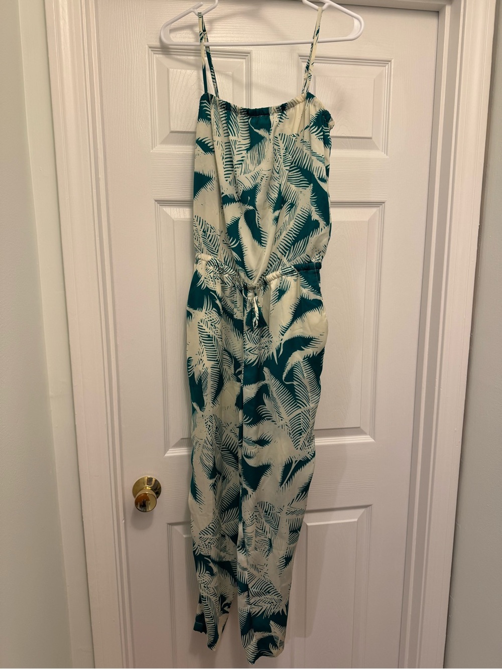 J. Crew Teal and Cream Palm-Print Sleeveless Jumpsuit